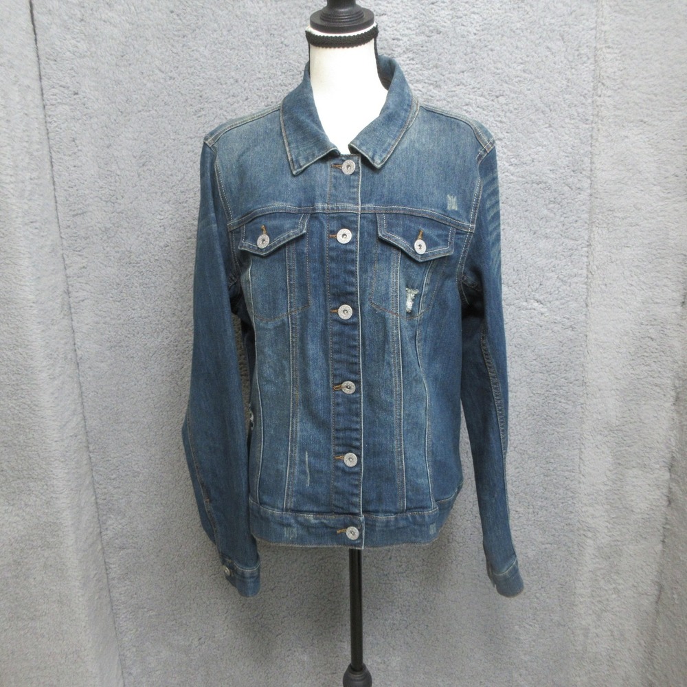 Signature Studio Distressed Jean Jacket Women XL Blue Trucker Classic Y2K Casual